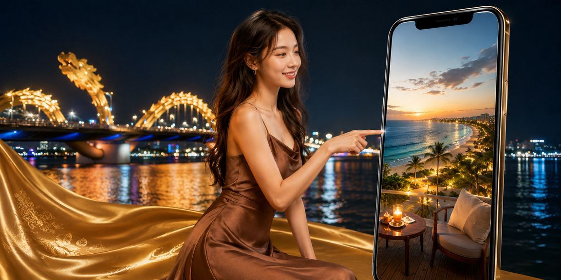 Người phụ nữ áo dài Đà Nẵng sử dụng ứng dụng casino di động bên bờ biển